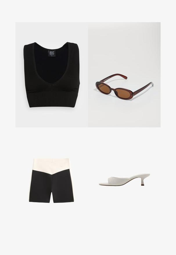 Svart ribbad crop top med breda axelband och djup V-ringning. Etiketten visar "BDG," storlek liten, med en mjuk yta och figurnära design.; Svarta och krämfärgade crossover-designshorts. Tillverkade av elastiskt material. Har hög midja med kontrasterande färgblock och en slät yta.; Vita öppna tofflor med en böjd design, låg klack, slät yta och ett subtilt sytt mönster. Brun accent vid klackens bas.; Runda, bruntonade solglasögon med en glansig bordeauxfärgad ram. Smala bågar med subtilt varumärkesdetalj. Platt linsdesign.