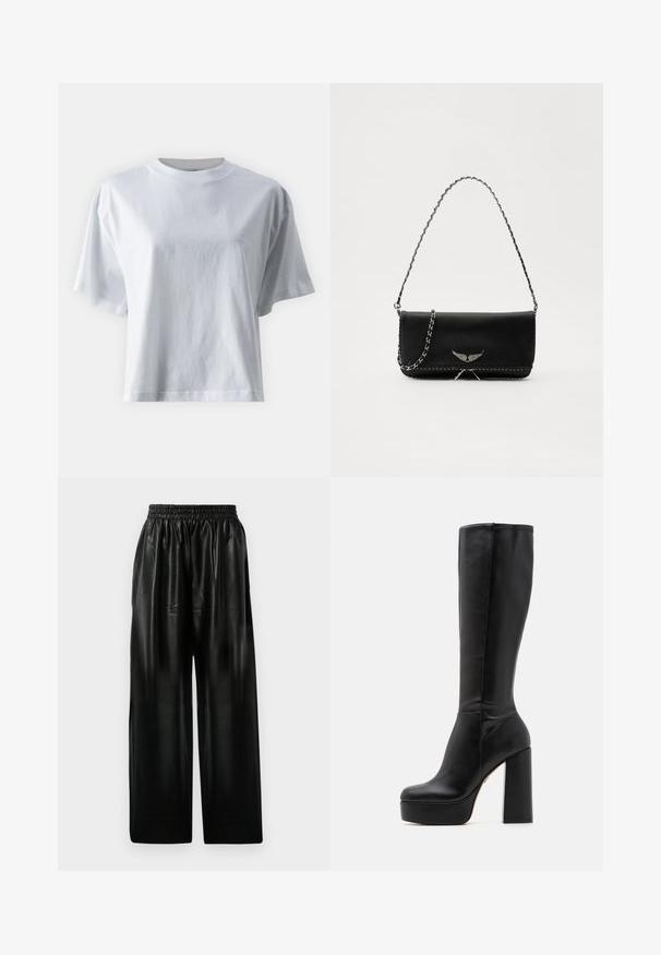 IVY OAK KYLA - Basic T-shirt - bright white; Black leather wide-leg pants with an elastic waistband, featuring two side pockets and a smooth, shiny texture.; Black knee-high boots made of smooth leather with a textured finish, featuring a high block heel and a round toe design.; Black leather handbag with a silver chain strap, featuring decorative wing accents and white stitching along the bottom seam.