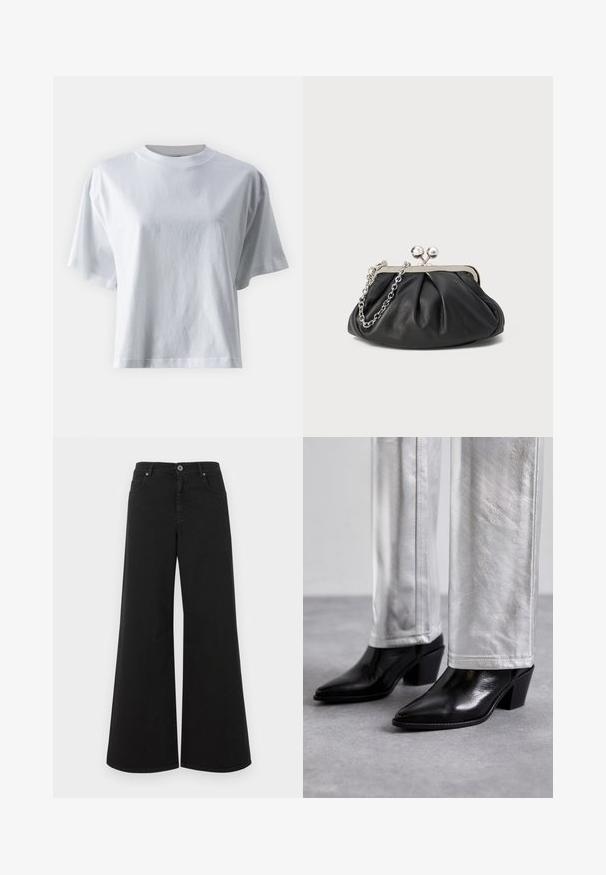IVY OAK KYLA biały; Czarne dżinsy w szerokim kroju, wykonane z denimu, z wysokim stanem, pięcioma kieszeniami, zapięciem na guzik i czystym wykończeniem bez ozdób.; Czarne skórzane botki do kostek z ostrym noskiem i słupkowym obcasem, zestawione z błyszczącymi srebrnymi spodniami, podkreślające gładkie tekstury i kontrastujące kolory.; Czarna skórzana kopertówka o marszczonej teksturze, srebrna metalowa rama, zamek na zatrzask i łańcuszek. Gładka, miękka powierzchnia.