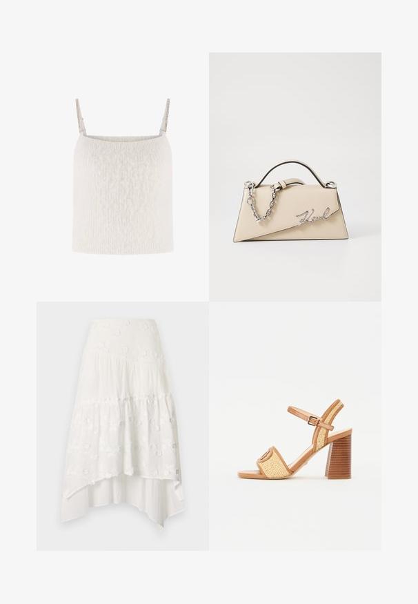 Bílý pletený top s jemnou texturou, s tenkými ramínky zdobenými kovovými akcenty. Rovný střih bez viditelných zapínání.; Bílá, vrstvená sukně s květinovou výšivkou. Má přiléhavý pás a splývavou, vrstvenou látku, která vytváří asymetrický lem.; Hnědé kožené a tkané slámové sandály na podpatku, které mají pásek přes kotník, otevřenou špičku a robustní dřevěný podpatek se svislými pruhy.; Béžová kožená kabelka se strukturovaným trojúhelníkovým tvarem, se stříbrným řetízkem a kovovým logem psaným kurzívou.