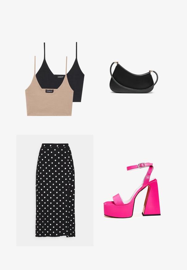 Dos bralettes de algodón: uno en beige claro y otro en negro, con finas tirantes y diseño de escote en V. Etiquetas visibles en el interior.; Falda negra con lunares blancos, hecha de tela suave. Presenta un corte recto y una abertura en la parte inferior para facilitar el movimiento.; Sandalias de plataforma rosas con un amplio tacón cuadrado, tira de tobillo, acabado suave y diseño de punta abierta. Detalle de hebilla en el tobillo.; Bolso de hombro de cuero negro con un diseño curvado, que presenta una correa texturizada y herrajes en tono dorado en el cierre superior. Acabado suave.