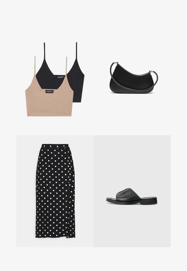 Due bralette in cotone: una in beige chiaro e l'altra in nero, con spalline sottili e design a V. Etichette visibili all'interno.; Gonna nera con pois bianchi, realizzata in tessuto morbido. Presenta un taglio dritto e un'apertura in fondo per facilitare i movimenti.; Infradito neri in pelle con una texture liscia, punta aperta, design a fascia larga e suola piatta in gomma.; Borsa a tracolla nera in pelle con un design curvo, dotata di una tracolla texturizzata e hardware dorato sulla chiusura superiore. Finitura liscia.