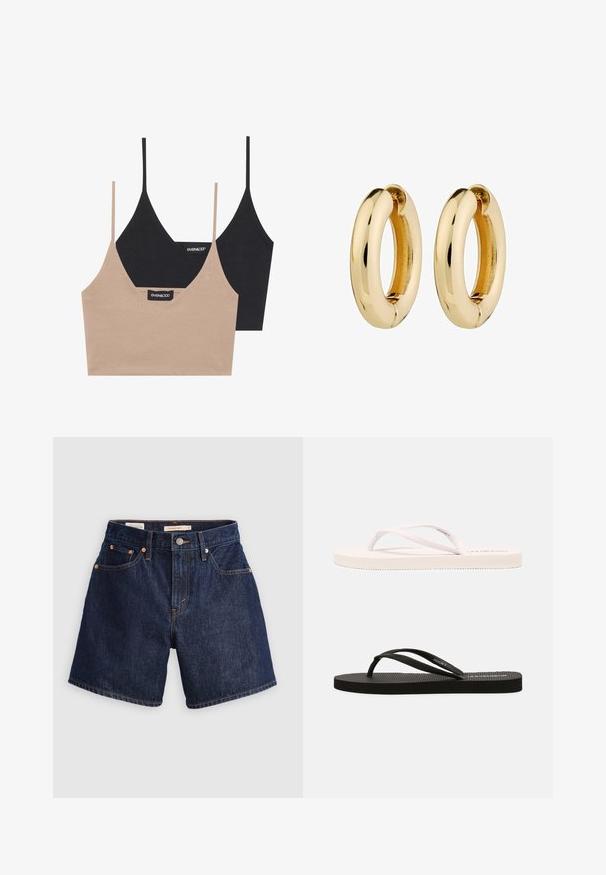 Dos bralettes de algodón: uno en beige claro y otro en negro, con finas tirantes y diseño de escote en V. Etiquetas visibles en el interior.; Pantalones cortos de mezclilla en un tono azul oscuro, con un diseño de cinco bolsillos, cierre de botón y detalles de costura visibles en un naranja contrastante.; Chanclas de goma blancas y negras con suelas texturizadas, tiras delgadas y colores contrastantes. Cada par cuenta con un diseño sencillo y una marca mínima.; Pendientes de aro de oro con una superficie suave y pulida y forma redondeada. El borde interior presenta un sutil detalle en forma de hendidura para el cierre.