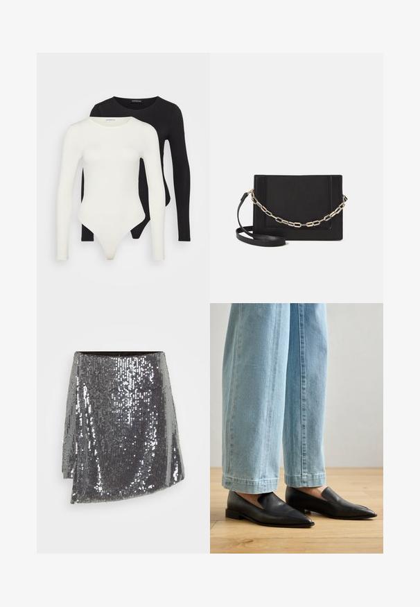 To lange ærmeløse bodystockings i hvid og sort. Fremstillet af glat stof, med runde halsudskæringer og en tanga-bund for en strømlinet pasform.; Sølvfarvet mini nederdel med pailletter i et omslag design, der har en tekstureret overflade og en let asymmetrisk kant.; Sorte lædersko med spids tå og slip-on design, parret med lyseblå bredbenede jeans, på et trægulv.; Sort læder crossbody taske med en glat tekstur, rektangulær form og en metallisk kæde detalje foran. Justerbar skulderrem inkluderet.; Sølvmetalløreringe med en børstet tekstur, der har et cirkulært design og en klar post til sikker bæring.
