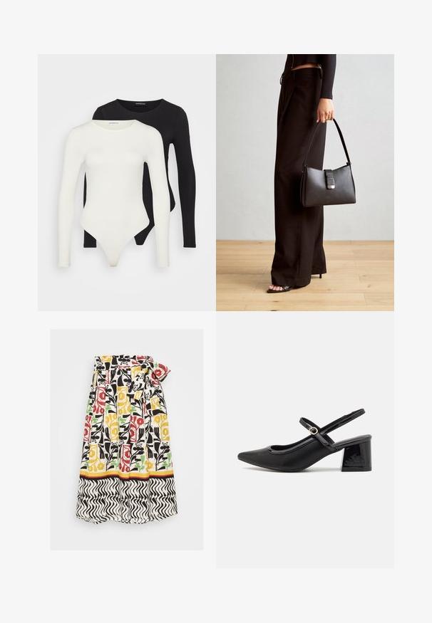 Două bodysuits cu mânecă lungă, unul alb și unul negru. Fabricate dintr-un material neted, cu decolteu rotund și fund tanga pentru o purtare confortabilă.; Fustă cu model floral, cu pliseuri, având culorile roșu, galben, verde și negru pe un fond alb. Include un tiv ondulat alb-negru.; Cizme cu toc slingback din piele sintetică lacuită neagră, cu vârful ascuțit, un design cu decupaj rotunjit și toc bloc. Include un accent cu cataramă de culoare aurie.; Genți negre cu o formă structurată, textură netedă și un închizător metalic. Asortată cu pantaloni negri largi și sandale cu vârf deschis pe un podea din lemn.