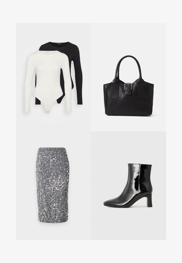 Divi garo piedurkņu bodijs baltā un melnā krāsā. Izgatavoti no gludas auduma, ar apaļām kakla izgriezumiem un stringa apakšdaļu, lai nodrošinātu plūstošu valkāšanu.; Sudraba akmens kaila svārki ar pieguļošu dizainu, gludu tekstūru un sānu rāvējslēdzēju. Audums ir blīvi pārklāts ar atstarotājiem akmentiņiem.; Melnas patentētas ādas potīšu zābaki ar norādītu pirkstu un vidēja augstuma kvadrātveida papēdi. Gluda tekstūra un minimālisma dizains.; Melnas ādas somiņa ar gludu tekstūru, strukturētu formu, divām rokturām un izteiktu sudraba sprādzi priekšpusē.