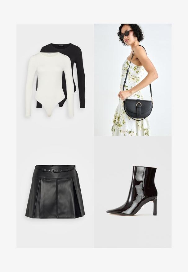 To langermagede bodysuit i hvit og svart. Laget av glatt stoff, med rund hals og en thong-bunn for en strømlinjeformet passform.; Svart skinnlignende skjørt med en tettsittende midjebånd, justerbart belte og plissert design. Har en glatt tekstur og skreddersydd snitt.; Svart patent lær ankelsko med spiss tå og slank silhuett. Har en stilettohæl og glatt tekstur.; Svart lærveske med en buet form, avtagbar stropp og gullbeslag. Vesken har et klaff med spenne-detall.