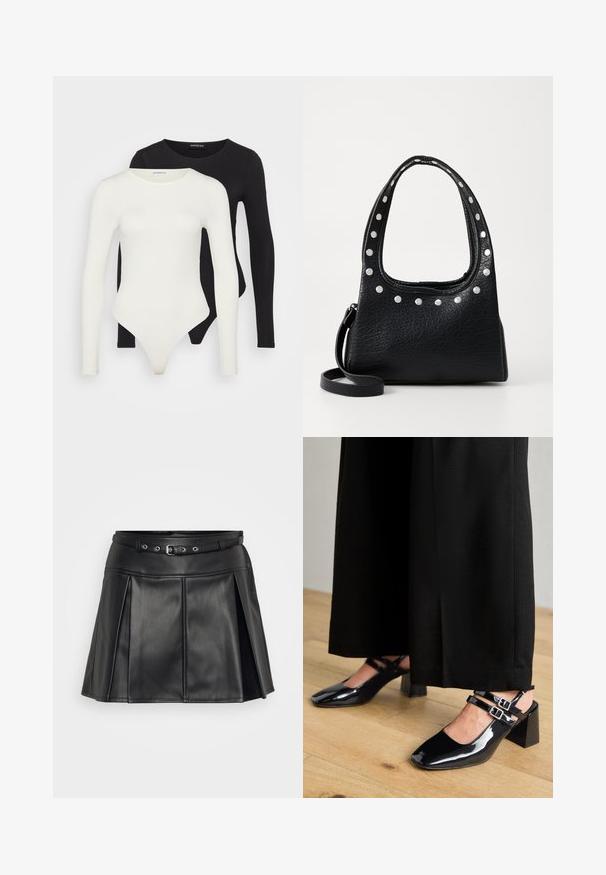 Twee lange mouw bodysuits in wit en zwart. Gemaakt van soepele stof, met ronde halslijnen en een stringonderkant voor een gestroomlijnde pasvorm.; Zwarte kunstleren rok met een getailleerde tailleband, verstelbare riem en geplooid ontwerp. Heeft een gladde textuur en een op maat gemaakte snit.; Zwarte patenten leren slingback schoenen met vierkante neuzen, voorzien van dubbele verstelbare enkelbandjes en blokhakken. Gladde, glanzende afwerking.; Zwarte leren handtas met een gestructureerd oppervlak en zilveren studs langs de bovenrand en handvatten, voorzien van een kort handvat en een afneembare schouderband.