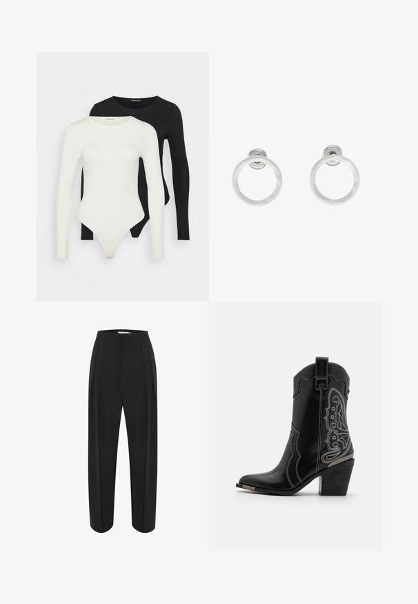 Dos bodysuits de manga larga en blanco y negro. Hechos de una tela suave, presentan cuellos redondos y un fondo tipo tanga para un ajuste estilizado.; Pantalones de pierna ancha negros con una cintura alta, con una textura suave y dos plisados frontales. Diseñados con una silueta limpia y ajustada.; Bota de cowboy de cuero negro con costuras blancas y un diseño ornamentado en los laterales. El tacón es grueso y texturizado, con un acento metálico.; Pendientes de aro de metal plateado con una textura cepillada, que presentan un diseño circular y un respaldo transparente para un uso seguro.