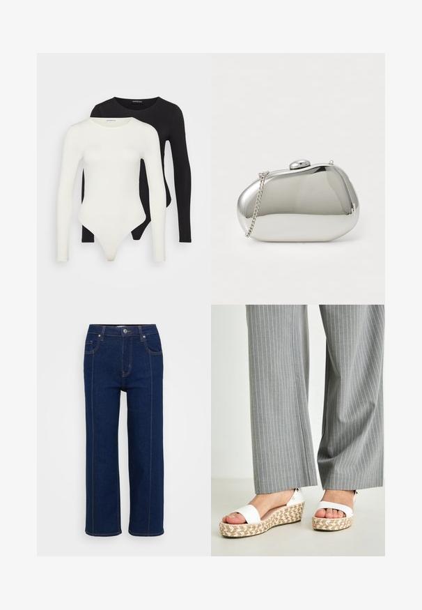 Two long-sleeve bodysuits in white and black. Made of smooth fabric, featuring round necklines and a thong bottom for streamlined wear.; Dark blue straight-leg jeans with button closure, front and back pockets, and visible orange stitching along seams.; White wedge sandals with a woven espadrille sole, featuring a smooth upper strap and a subtle metallic detail at the heel. Gray pinstripe pants visible.; Silver metal clutch with a rounded, smooth shape. Features a clasp closure and a detachable chain strap. Reflective surface with no patterns.