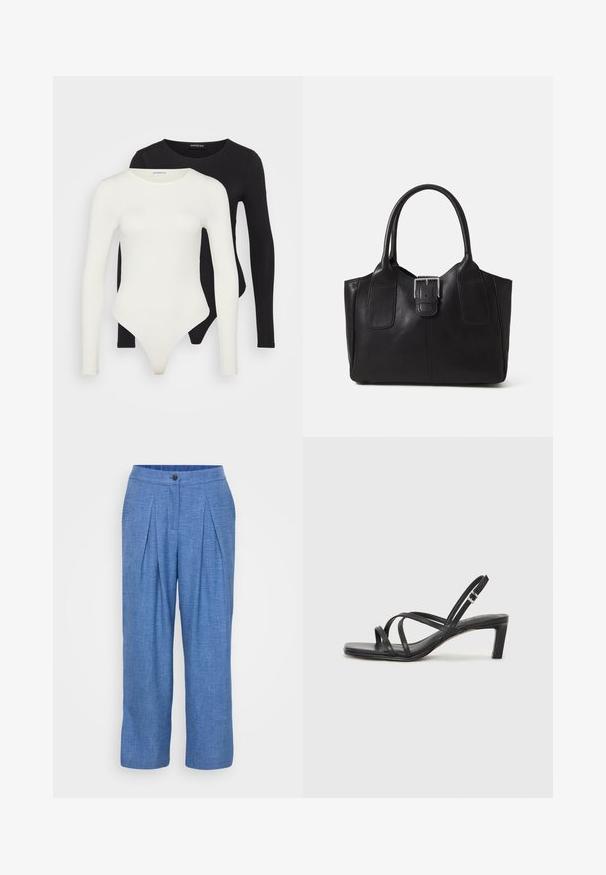 Két hosszú ujjú bodyn fehér és fekete színben. Simább anyagból készült, kerek nyakkivágással és tanga fazonú alsó résszel a simább viselet érdekében.; Kék, textúrált vászon nadrág, fodros fazonban, gombos záródással és laza, széles lábakkal.; Fekete pántos szandál négyzetes orral és alacsony blokk sarkal. Több vékony pánttal és állítható boka pánttal rendelkezik. Sima bőrből készült.; Fekete bőr bevásárlótáska sima textúrával, strukturált formával, két fogantyúval és egy figyelemfelkeltő ezüst csattal az elején.