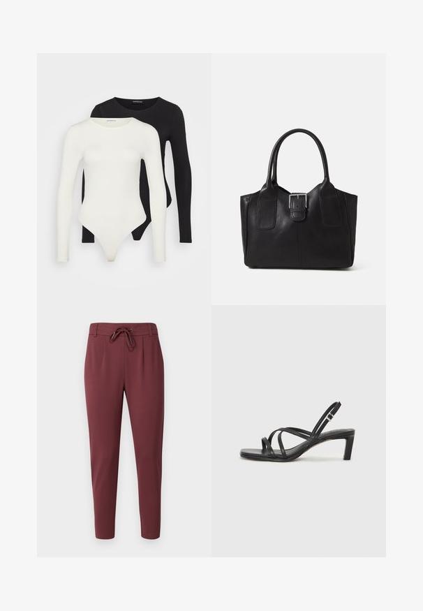 Twee lange mouw bodysuits in wit en zwart. Gemaakt van soepele stof, met ronde halslijnen en een stringonderkant voor een gestroomlijnde pasvorm.; Bordeaux kleurige broek met elastische tailleband en verstelbaar trekkoord, taps toelopende pijpen en een gladde, zachte stoftextuur. Voorzien van voorplooien voor een nette uitstraling.; Zwarte sandaal met bandjes, vierkante teen en een lage blokhak. Voorzien van meerdere dunne bandjes en een verstelbare enkelband. Gemaakt van zacht leer.; Zwarte leren tote bag met een gladde textuur, gestructureerde vorm, twee handvatten en een opvallend zilveren sluitingdetail aan de voorkant.