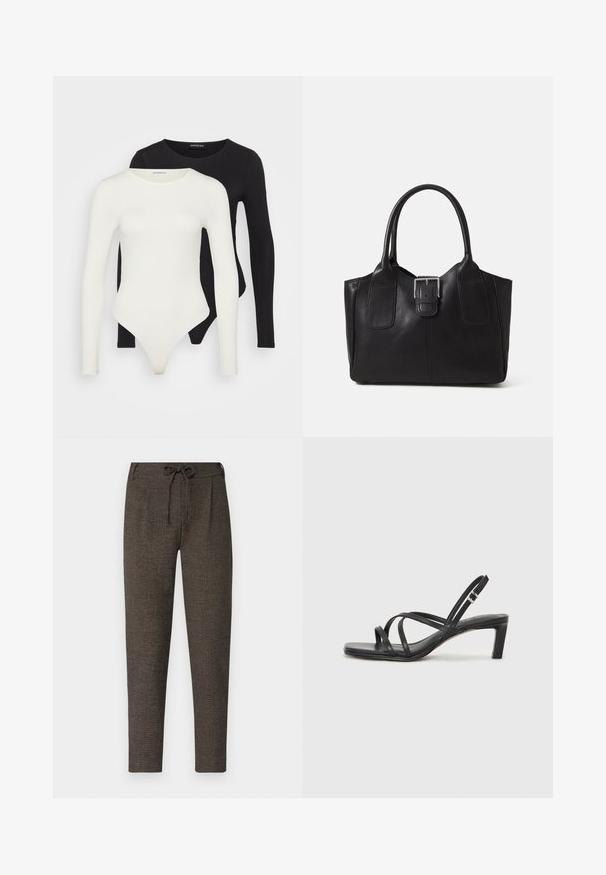 Dve body s dlhým rukávom v bielej a čiernej farbe. Vyrobené z hladkej tkaniny, s okrúhlym výstrihom a nohavičkovým dnom pre pohodlné nosenie.; Tmavo hnedé nohavice s textúrou, s elastickým pásom, bočnými vreckami a zúženými nohavicami, vyrobené z mäkkého materiálu.; Čierne sandále na vysokom podpätku so štvorcovou špičkou a nízkym blokovým podpätkom. Obsahujú viacero tenkých popruhov a nastaviteľný členkový popruh. Vyrobené z hladkej kože.; Čierna kožená taška s hladkou textúrou, štruktúrovaným tvarom, dvoma uchami a výrazným strieborným prackovým detailom na prednej strane.