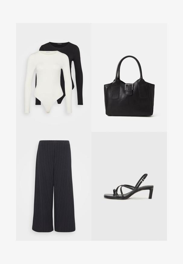 Két hosszú ujjú bodyn fehér és fekete színben. Simább anyagból készült, kerek nyakkivágással és tanga fazonú alsó résszel a simább viselet érdekében.; Fekete, széles szárú nadrág fehér csíkozással. Simogatós anyagból készült, magas derékkal és látható zárás nélkül.; Fekete pántos szandál négyzetes orral és alacsony blokk sarkal. Több vékony pánttal és állítható boka pánttal rendelkezik. Sima bőrből készült.; Fekete bőr bevásárlótáska sima textúrával, strukturált formával, két fogantyúval és egy figyelemfelkeltő ezüst csattal az elején.