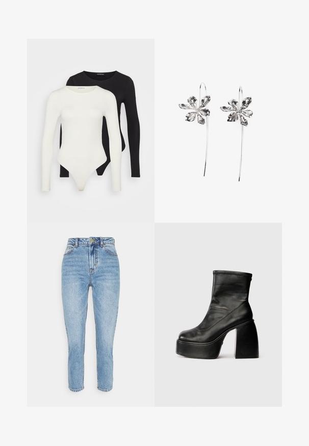 Duas bodies de mangas longas em branco e preto. Feitas de tecido liso, com decotes redondos e parte inferior tipo fio dental para um uso mais elegante.; Jeans de ganga azul claro com cintura alta, corte straight-leg e textura desbotada. Apresenta cinco bolsos e um fecho de botão e zíper.; Botas de tornozelo em couro preto com bico arredondado, textura suave e um salto bloco proeminente. Apresenta um fecho lateral. Design minimalista.; Brincos em forma de flor prateados com um acabamento texturizado, apresentando ganchos longos e detalhes semelhantes a pétalas para um design intrincado.