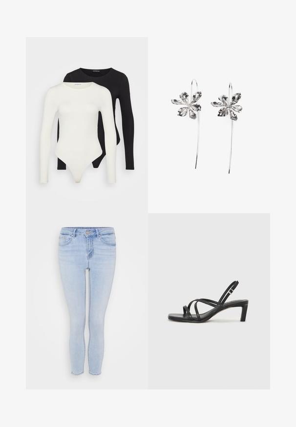 Duas bodies de mangas longas em branco e preto. Feitas de tecido liso, com decotes redondos e parte inferior tipo fio dental para um uso mais elegante.; Jeans skinny de ganga azul claro com uma cintura média, cinco bolsos, acabamento desbotado e costura em contraste ao longo das costuras.; Sandal de tiras pretas com biqueira quadrada e um pequeno salto bloco. Apresenta várias tiras finas e uma tira no tornozelo ajustável. Feito de couro liso.; Brincos em forma de flor prateados com um acabamento texturizado, apresentando ganchos longos e detalhes semelhantes a pétalas para um design intrincado.