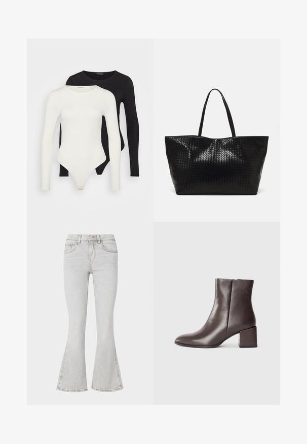 Dos bodysuits de manga larga en blanco y negro. Hechos de una tela suave, presentan cuellos redondos y un fondo tipo tanga para un ajuste estilizado.; Vaqueros acampanados de color gris claro con un diseño clásico de cinco Bolsillos, con un corte ajustado en el muslo y puños acampanados en el tobillo.; Botín de piel marrón con un diseño elegante, puntera afilada y tacón cuadrado. Textura suave y silueta minimalista.; Bolso tote tejido negro con dos asas resistentes, que cuenta con una textura brillante y un diseño de parte superior abierta y espaciosa.