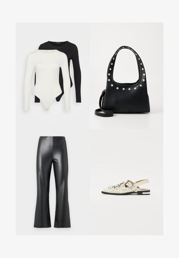Two long-sleeve bodysuits in white and black. Made of smooth fabric, featuring round necklines and a thong bottom for streamlined wear.; Black faux leather pants with a flared leg design, featuring a smooth, glossy texture and a high waist. Simple and sleek appearance.; Slingback sandals in white leather with multiple wide straps and silver buckles; flat sole with a small black heel and metallic accents.; Black textured leather handbag with silver studs along the top edge and handles, featuring a short handle and a detachable strap.; Silver hoop earring with a polished finish, featuring small gold accent details and a round shape, worn on the lobe.