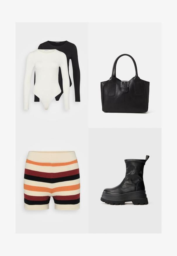 Dva bodija dugih rukava u bijeloj i crnoj boji. Napravljen od glatkog materijala, s okruglim dekolteom i gaćicama za izazovno nošenje.; Pletene kratke hlače s horizontalnim prugama u krem, narančastoj, crvenoj, crnoj i burgundijskoj boji, s mekanom teksturom i pripijenim strukom.; Crne kožne gležnjače s debelim, teksturiranim gumiranim potplatom, elastičnim bočnim panelima i trakicom na stražnjoj strani za lakše obuvanje.; Crna kožna torba za nošenje s glatkom teksturom, strukturiranim oblikom, dvije ručke i istaknutim srebrnim kopčanjem na prednjoj strani.