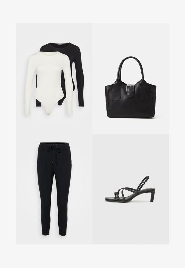 Két hosszú ujjú bodyn fehér és fekete színben. Simább anyagból készült, kerek nyakkivágással és tanga fazonú alsó résszel a simább viselet érdekében.; Fekete, karcsúsított nadrág rugalmas anyagból, húzózsinórral ellátott derékrésszel, két elülső redővel és sima felülettel.; Fekete pántos szandál négyzetes orral és alacsony blokk sarkal. Több vékony pánttal és állítható boka pánttal rendelkezik. Sima bőrből készült.; Fekete bőr bevásárlótáska sima textúrával, strukturált formával, két fogantyúval és egy figyelemfelkeltő ezüst csattal az elején.