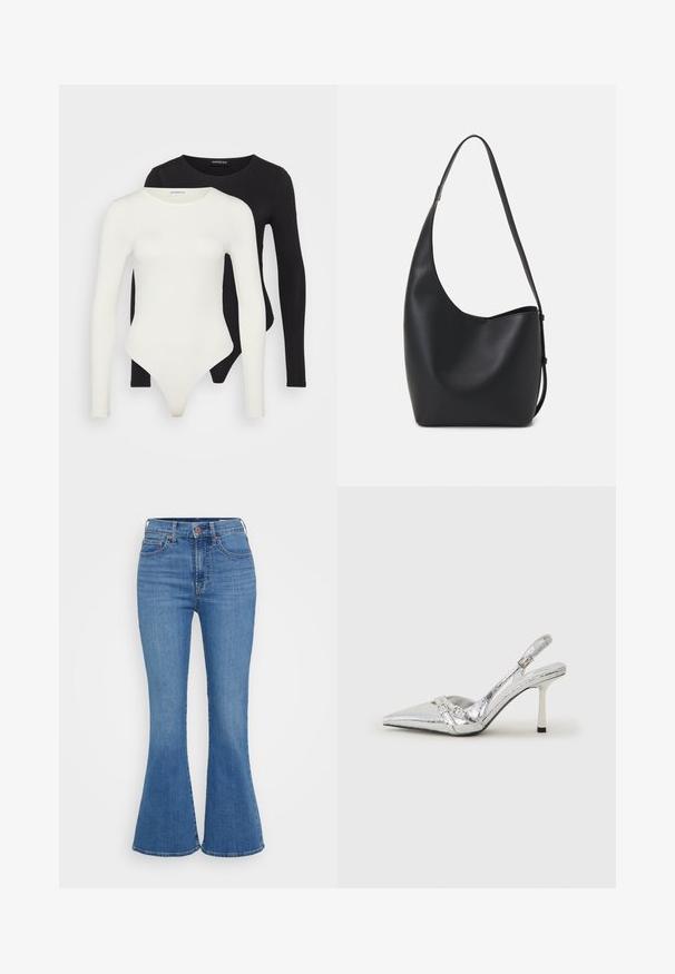 Dva bodysuita s dolgimi rokavi v beli in črni barvi. Narejena iz gladkega blaga, s krogi neckline in tangicami za gladko nošenje.; Svetlo modri široki jean hlače z visokim pasom, izdelane iz denima. Vsebujejo dve sprednji žep in gumbasto zapiranje na pasu.; Srebrna slingback visoka peta čevlja s špičastim nosom, metalnim finišem, dvema dekorativnima trakama in tanko peto z črnim vrhom.; Črna usnjena hobo torba z gladko teksturo, ukrivljeno obliko in eno nastavljivo naramnico; ima širok odprtina na vrhu.