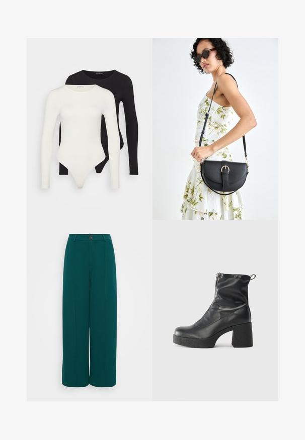 Két hosszú ujjú bodyn fehér és fekete színben. Simább anyagból készült, kerek nyakkivágással és tanga fazonú alsó résszel a simább viselet érdekében.; Even&Odd Petite Nadrágok - dark green; Fekete bokacsizmák sima bőrből, oldalsó cipzárral, vastag, texturált sarkú és lekerekített orrú dizájnnal.; Fekete bőrtáska ívelt formával, levehető pánttal és arany színű fémrészekkel. A táskán egy csattal díszített fedél található.