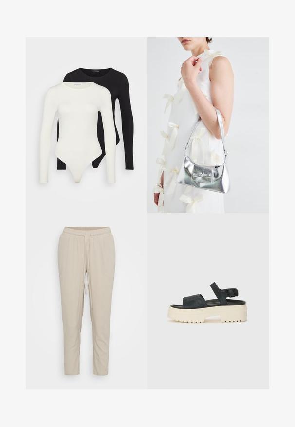 To langermagede bodysuit i hvit og svart. Laget av glatt stoff, med rund hals og en thong-bunn for en strømlinjeformet passform.; Vero Moda Petite VMJESMILO ANKLE PANTS - Bukse - silver lining; Sorte semsket platåsandaler med en kraftig hvit såle, bred fremre stropp og justerbar ankelspenne. Teksturert yttersåle for godt grep.; Sølvmetallisk håndveske med en strukturert form, med en topphåndtak og sløyfedetalj foran. Glatt tekstur, reflekterende overflate.