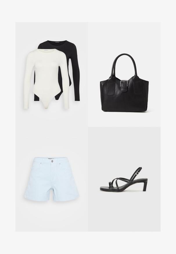 Du būgno su ilgomis rankovėmis baltos ir juodos spalvos. Pagaminti iš lygaus audinio, turi apvalų kaklą ir thong stilių, kad užtikrintų sklandų dėvėjimą.; Šviesiai mėlynos dryžuotos medvilninės šortai su penkių kišenių dizainu, priekyje užsegami mygtuku, su įprastiniu pritaikymu.; Juodi šlepetės su kvadratiniu pirštu ir žemu bloku kulnu. Yra keli ploni dirželiai ir reguliuojamas kulkšnies diržas. Pagaminti iš lygios odos.; Juodas odinis nešiojamas krepšys su lygiu paviršiumi, struktūrine forma, dviem rankenėlėmis ir ryškiu sidabriniu sagties akcentu priekyje.