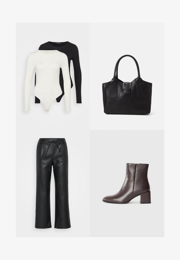 Two long-sleeve bodysuits in white and black. Made of smooth fabric, featuring round necklines and a thong bottom for streamlined wear.; Black leather trousers with a loose fit, drawstring waist, and subtle pleats. Smooth texture and wide leg design enhance comfort and style.; Brown leather ankle boot with a sleek design, pointed toe, and square block heel. Smooth texture and minimalistic silhouette.; Black leather tote bag with smooth texture, structured shape, two handles, and a prominent silver buckle detail on the front.