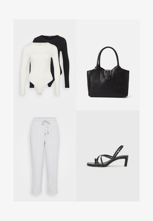 Deux bodys en manches longues, en blanc et en noir. Fabriqués en tissu lisse, avec des encolures rondes et un fond en tanga pour un port ajusté.; Pantalons légers gris clair à taille élastique avec cordon de serrage ajustable, dotés de deux poches latérales et d'une coupe fuselée. Texture de tissu lisse.; Sandale noire à lanières avec un bout carré et un petit talon bloc. Elle présente plusieurs fines lanières et une sangle de cheville ajustable. Fabriquée en cuir lisse.; Sac fourre-tout en cuir noir avec une texture lisse, une forme structurée, deux poignées et un détail en boucle argentée proéminent à l'avant.