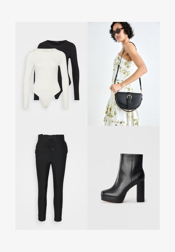 Două bodysuits cu mânecă lungă, unul alb și unul negru. Fabricate dintr-un material neted, cu decolteu rotund și fund tanga pentru o purtare confortabilă.; ONLY Petite ONLPOPTRASH CLASSI PINSTRIPE FRILL - Pantaloni - black; Cizma ankle din piele neagră, cu platformă, vârf pătrat și toc gros, înalt, prezentată din lateral pe un fundal alb.; Geantă din piele neagră, cu o formă curbată, curea detașabilă și accesorii aurii. Geanta are un capac cu un detaliu tip cataramă.