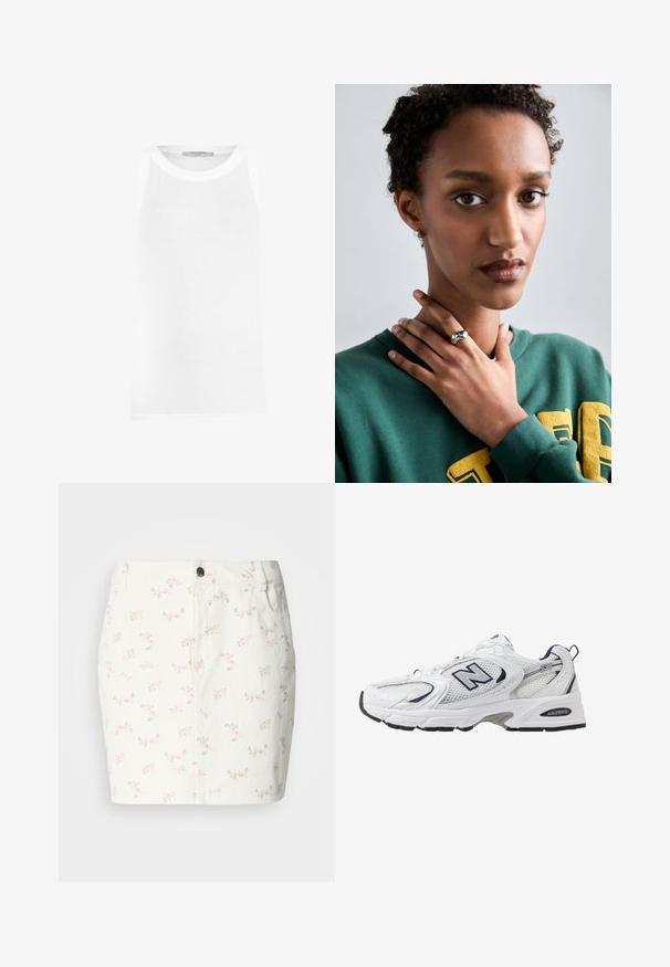 Top sin mangas blanco hecho de tejido acanalado, con un escote redondeado y bordes sin costuras para un ajuste suave.; Falda de mezclilla blanca con un estampado floral en rosa y verde, que presenta un cierre frontal de botones y bolsillos laterales. Diseño de longitud corta.; Zapatilla deportiva blanca con parte superior de malla, acentos en azul marino y suela acolchada. Presenta el logo "N", cordones y detalle texturizado en el lateral.; Anillo de plata con un diseño suave y curvado que presenta un acento en forma de estrella. Modelo que lleva un sudadera verde con letras amarillas, con las manos cerca del cuello.