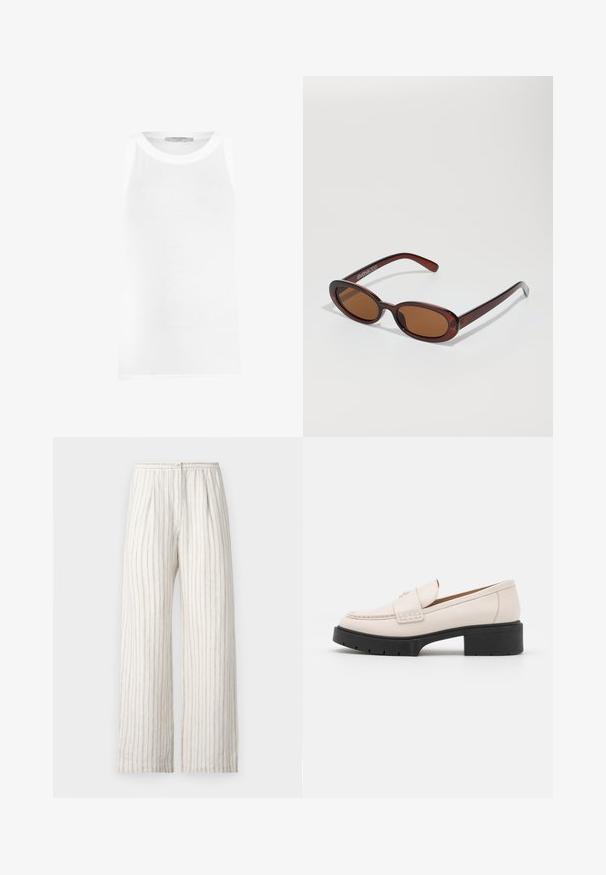 Biely bezrukávový tielko vyrobené z rebrovanej látky, s okrúhlym výstrihom a bezšvovými okrajmi pre hladké priliehanie.; Samsøe Samsøe SATOVE TROUSERS - Nohavice - egret; Svetlo béžové kožené mokasíny s prešitým predom a textúrovaným čiernym platformovým podpätkom. Vlastnosti zahŕňajú zakrivený dizajn a mierne zvýšenie.; Okrúhle slnečné okuliare s hnedým nádychom a lesklým burgundským rámom. Úzke ramená s jemným brandovaním. Plochej šošovky dizajn.