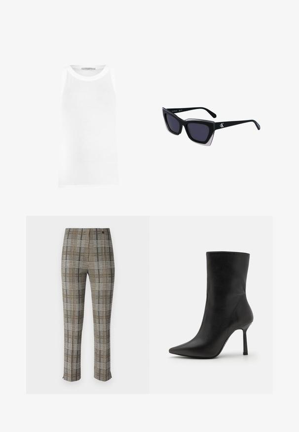 White sleeveless tank top made of ribbed fabric, featuring a round neckline and seamless edges for a smooth fit.; Checkered trousers with a gray, black, and yellow pattern, tailored fit, front zip closure, and subtle ankle slits at the hem.; Black leather ankle boot with a pointed toe, slim stiletto heel, and smooth texture, featuring a minimalist design and no embellishments.; Black oversized sunglasses with a geometric shape, featuring dark lenses and a contrasting grey detail on the frame. Logo on the arm.; Silver metal earrings with a smooth, teardrop shape and a polished finish. Subtle engravings add detail. Minimalist design.