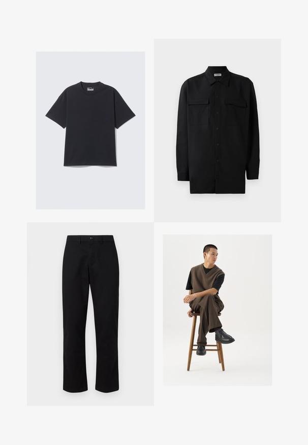 T-shirt en coton noir avec un col rond classique, des manches courtes et une coupe décontractée. Texture lisse avec un minimum de détails de couture.; Chemise noire à manches longues en tissu lisse, dotée d'un col classique, de deux poches devant et de poignets à boutons.; GAP SLIM PERFORMANCE STRETCH - Chino - true black; Gilet en tricot marron sur un t-shirt noir, associé à un pantalon large marron et des chaussures noires à semelles épaisses, assis sur un tabouret en bois.