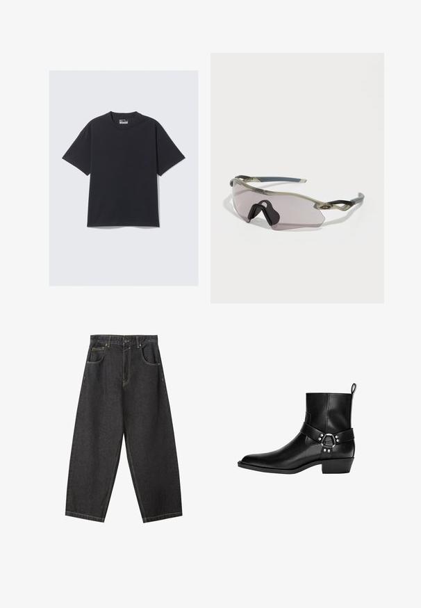 Crna pamučna majica s klasičnim okruglim izrezom, kratkim rukavima i opuštenim krojem. Glatka tekstura s minimalnim šavovima.; Crne traperice širokih nogavica s žutim šavovima, dizajnom s pet džepova i srednjim strukom. Teksturu s glatkom površinom.; Crne kožne gležnjerice s oštrim vrhom, dekorativnom trakicom i detaljem u obliku kružne kopče, i niskom petom. Glatka tekstura s minimalnim šavovima.; Naočale za sunce s prozirnim sivim okvirom, obojenim lećama i kutnim dizajnom. Imaju izraženu nosnicu i teksturirane tamnosive temple.
