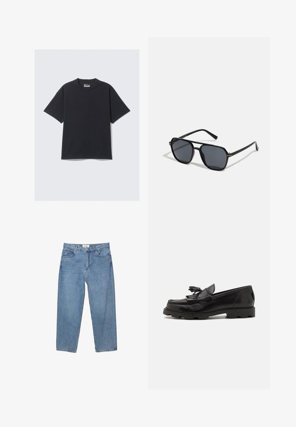 T-shirt in cotone nero con un classico collo a giro, maniche corte e vestibilità rilassata. Texture liscia con dettagli di cucitura minimi.; Jeans in denim blu chiaro con taglio dritto, design a cinque tasche e etichetta del marchio visibile in vita.; Mocassino in pelle nera con design mocassino, caratterizzato da frange decorative e nappe, superficie testurizzata e suola in gomma robusta.; Occhiali da sole neri con montatura ottagonale, lenti scure, finitura lucida, aste sottili e dettagli dorati sul davanti.