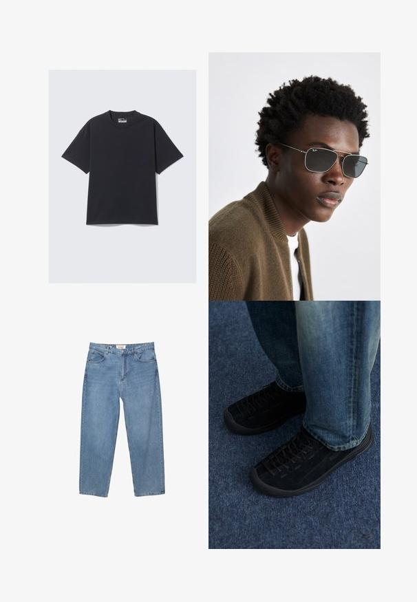 Čierne bavlnené tričko s klasickým okrúhlym výstrihom, krátkymi rukávmi a voľným strihom. Hladká textúra s minimálnym šitím.; Svetlomodré džíny z denimu so strihom rovného nohavice, dizajnom s piatimi vreckami a viditeľnou značkovou etiketou na páse.; Čierne semišové tenisky s textúrovaným povrchom, jemným šnurovaním a odolnými gumovými podrážkami, v kombinácii s modrými denimovými džínmi.; Slnečné okuliare so strieborným kovovým rámom, v tvare aviátor a s tmavými sklenenými šošovkami. Kombinované s hnedou bundou bomber so zúbkovaným vzorom.