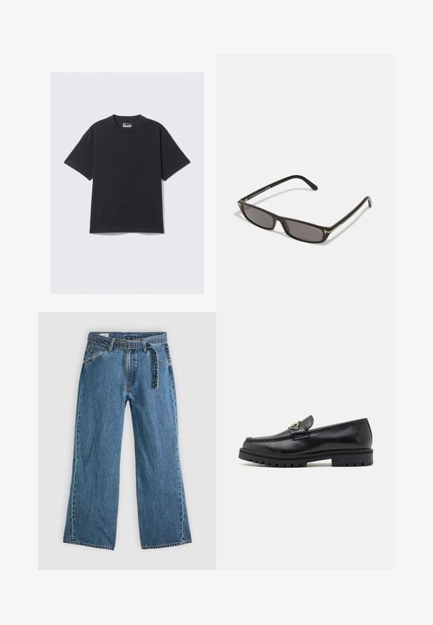 Czarna bawełniana koszulka z klasycznym okrągłym dekoltem, krótkimi rękawami i luźnym fasonem. Gładka tekstura z minimalnymi detalami szwów.; Niebieskie dżinsowe spodnie szerokie z dołączonym paskiem, kieszeniami z przodu i widocznym przeszyciem na jednolitym jasnym tle.; Czarne skórzane mokasyny o gładkim wykończeniu, okrągłym nosku, dekoracyjnym pasku z złotym wykończeniem oraz solidnej czarnej podeszwie.; Czarne prostokątne okulary przeciwsłoneczne z ciemnymi soczewkami. Plastykowa oprawka o matowym wykończeniu. Złote akcenty na ramionach i logo marki.