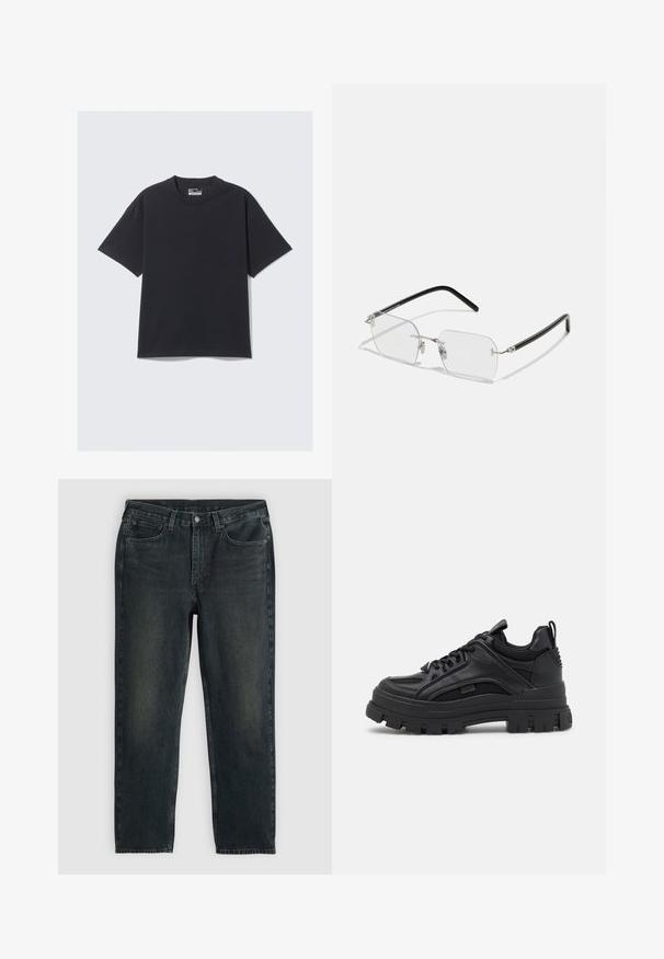 T-shirt in cotone nero con un classico collo a giro, maniche corte e vestibilità rilassata. Texture liscia con dettagli di cucitura minimi.; Jeans in denim blu scuro con taglio dritto, dotati di cinque tasche, chiusura con zip e cuciture a contrasto. Leggera scoloritura sul tessuto.; Sneaker chunky neri realizzati con un mix di materiali in pelle e rete, suola spessa, design con lacci e un tassello sul retro.; Tom Ford BLUE LIGHT UNISEX - Occhiali anti luce blu - shiny palladium