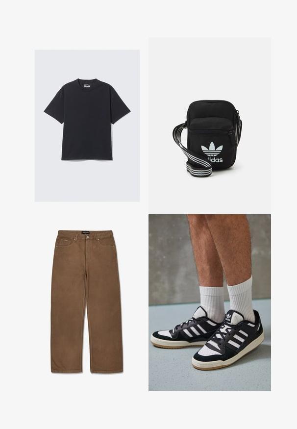 Čierne bavlnené tričko s klasickým okrúhlym výstrihom, krátkymi rukávmi a voľným strihom. Hladká textúra s minimálnym šitím.; Hnedé denimové nohavice s rovnými nohavicami, s piatimi vreckami, zapínaním na gombík a jemnými švami pozdĺž švov.; Čierno-biele tenisky s vrchom z semišu a kože, s troma bielymi pruhmi, perforovanou špičkou a gumovou podrážkou.; Čierna textilná crossbody taška so zipsovým uzáverom, ktorá má biele logo Adidas a pruhovaný nastaviteľný popruh pre jednoduché nosenie.