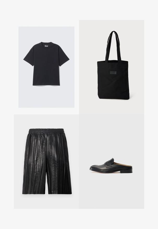 Juodas medvilnės marškinėliai su klasikinėmis apvalios formos iškirpėmis, trumpomis rankovėmis ir laisvu siluetu. Lygi tekstūra su minimaliais siuvimo detalėmis.; Raukšlėti juodi šortai su elastinga juosmens juosta, pagaminti iš blizgaus audinio, su vertikaliomis grioveliais, suteikiančiais tekstūrą ir stilių.; Juodos odinės slip-on tipo bateliai su apvaliu nosiu, žemu blokiniu kulnu ir priekiniais dirželiais. Lygus paviršius su subtiliu logotipo akcentu ant dirželio.; Juodas drobės rankinis krepšys su dviem rankenomis, turi plokščią viršų, tekstūruotą paviršių ir mažą iškilų logotipą priekyje.