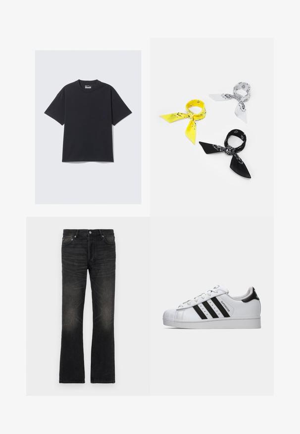 Čierne bavlnené tričko s klasickým okrúhlym výstrihom, krátkymi rukávmi a voľným strihom. Hladká textúra s minimálnym šitím.; Čierne denimové zvonové nohavice s vyblednutým povrchom, piatimi vreckami a striebornými doplnkami. Obsahujú klasický pás a mierne štruktúrovanú látku.; Biele tenisky Adidas Superstar s čiernymi pruhmi, špičkou v tvare mušle a textom "Superstar" na boku, zobrazené z ľavého profilu na bielom pozadí.; Tri zástery: jedna žltá s čiernymi vzormi, jedna biela s čiernymi dizajnmi a jedna čierna s bielou grafikou. Všetky sú štvorcové, z ľahkej látky.