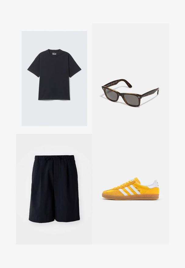 Zwarte katoenen T-shirt met een klassieke ronde hals, korte mouwen en een relaxte pasvorm. Soepele textuur met minimale stikdetails.; Donkerblauwe shorts van lichtgewicht stof, met een elastische tailleband met trekkoord en twee zijzakken, rechte snit.; Gele suède sneakers met witte strepen, ronde neus, platte rubberen zool en een textuur ontwerp. Heeft branding op de achterkant en de tong.; schildpad zonnebril met grijze glazen en een vierkant montuur, met metalen accenten op de tempels en het logo in het ontwerp.