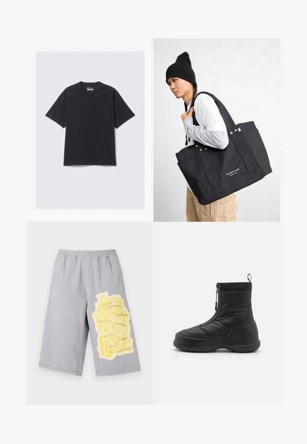Camiseta de algodón negra con cuello redondo clásico, mangas cortas y un ajuste relajado. Textura suave con detalles de costura mínimos.; Pantalones cortos de algodón gris con una cinturilla elástica, que presentan un gran estampado gráfico amarillo y bordes desgastados en la pierna izquierda.; Botas de nieve impermeables negras con un upper sintético liso, cierre con cremallera, cuello acolchado y suela de goma texturizada. Acentuadas con la marca "MOON BOOT".; Bolsa de lona negra con dos asas resistentes, que incluye acentos metálicos y bolsillos frontales. La marca está mostrada en texto blanco en la parte inferior.