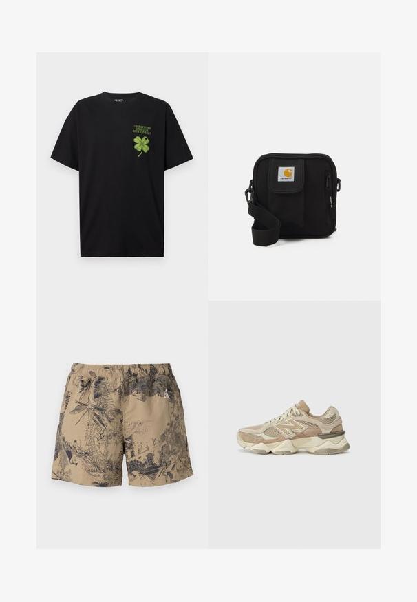 Crna pamučna majica s grafikom zelenog djetelina s četiri lista i natpisom "SRETNO U DALJNJEM" na lijevoj strani prsnog dijela.; Bež kratke hlače s crnim prirodnim uzorkom, s elastičnim pojasom i vezicom. Napravljene od laganog materijala, pogodne za ležernu odjeću.; Bež športne tenisice s mrežastim in zamškim materialom, okrogel nosek, debele podplate in opazni odsevni poudarki na strani.; Crna torba za preko ramena s glavnim odjeljkom na patentni zatvarač, prednjim džepom, podešivim remenom i vidljivom oznakom na preklopu.