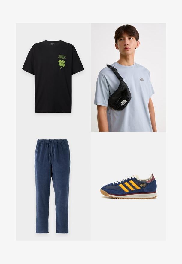 Černé bavlněné tričko s grafikou zeleného čtyřlístku a textem "ŠTĚSTÍ S DALŠÍM" na levé části hrudi.; Námořnické modré kalhoty s měkkou texturou, elastickým pasem a rovnými nohavicemi. Bez kapes. Tkanina se zdá být mírně broušená.; Námornická semišová teniska s žlutými pruhy, bílými tkaničkami a burgundskými akcenty. Texturovaná podrážka s drážkami pro lepší přilnavost. Logo značky na boku.; Černá nylonová crossbody taška s nastavitelným popruhem, vybavená výrazným bílým logem. Nošena přes světle modré tričko. Jednoduchý, funkční design.