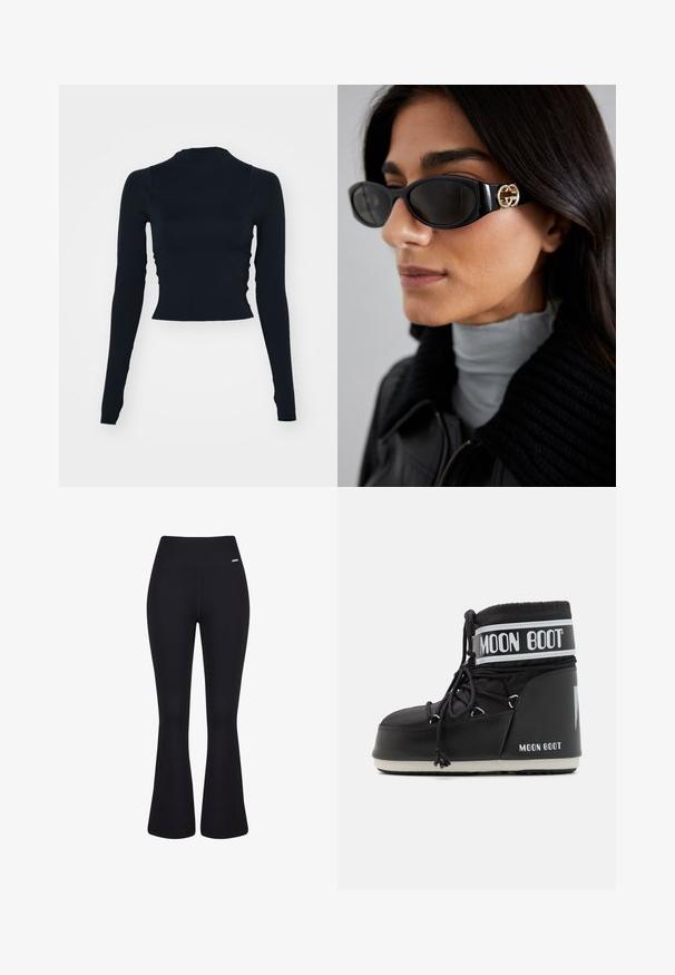 Čierny, dlhý rukáv, skrátený top s vysokým výstrihom. Vyrobený z hladkého, priliehavého materiálu bez viditeľných vzorov alebo akcentov.; Čierne rebrované rozšírené nohavice s vysokým pásom. Hladká textúra a priliehavý strih, ktorý sa zužuje smerom k kolenám a následne sa rozširuje.; Čierna Moon Boot s vypchatým zvrškom, zabezpečená šnúrkami a charakteristickým bielym pásikom s logom. Hrubá, textúrovaná gumová podrážka.; Čierne slnečné okuliare s elegantným obdĺžnikovým rámom a zlatým logom na boku. Tmavé šošovky a lesklý povrch sú výrazné.; Čierne pletené rukavice s ribbovaným manžetovým lemom, navrhnuté s oddelenými otvormi na prsty pre plnú obratnosť. Jemná textúra a rovnomerné steh.