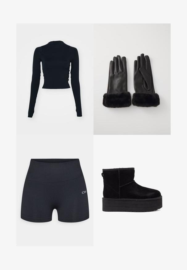 Juodas ilgomis rankovėmis trumpas viršus su aukštu apykakle. Pagamintas iš lygios, prigludusios medžiagos, be matomų raštų ar akcentų.; Juodi prigludę šortai, pagaminti iš elastingos medžiagos, su plačiu juosmeniu ir subtiliu logotipo detaliu šone. Lygi paviršiaus tekstūra.; Juodi zomšiniai kulkšniniai batai su storu platformos padu ir minkštu pamušalu. Baigti siuvinėjimo akcentais ir gale esančia kilpa, skirta patogiam užsidėjimui.; Pieces PCRUJIA SMART GLOVES - Pirštinės - black