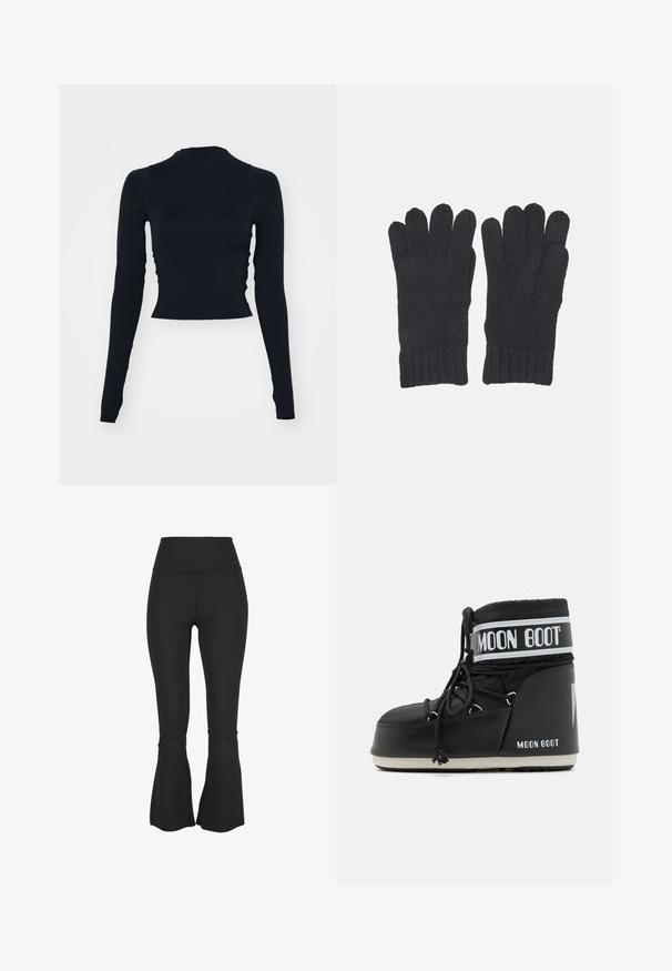 Top corto negro de manga larga con un cuello alto. Fabricado con un material suave y ajustado, sin patrones ni acentos visibles.; Leggings negros acampanados hechos de un tejido elástico y suave. Cintura alta y aberturas en la parte inferior de las piernas que aportan un detalle de diseño adicional.; Bota Moon negra con parte superior acolchada, asegurada con cordones y una distintiva banda blanca con el logo. Suela de goma gruesa y texturizada.; Guantes de lana negra con puños acanalados, diseñados con aberturas separadas para los dedos que permiten una completa destreza. Textura suave y detalle de costura uniforme.